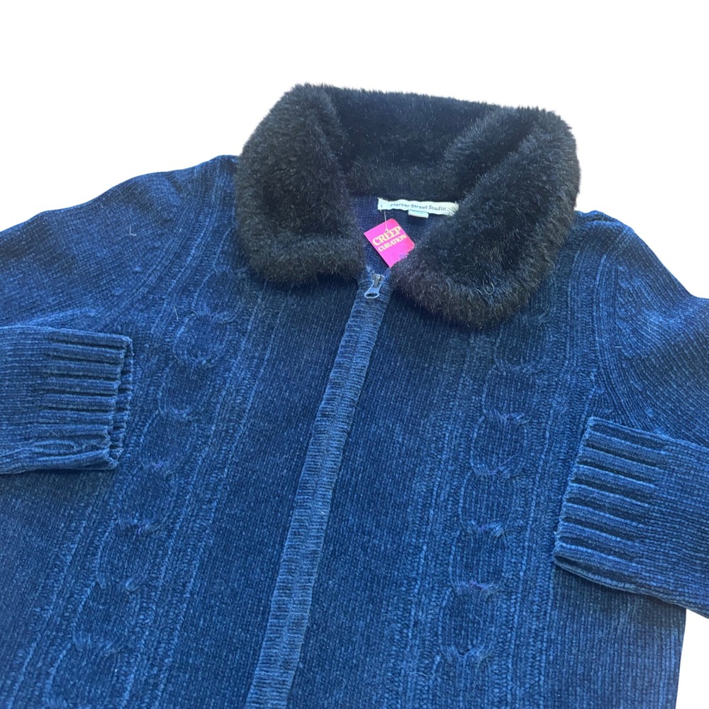 Y2k Mercer Street Studio Navy Blue Chenille Zip Sweater Faux Fur Collar Trim M
